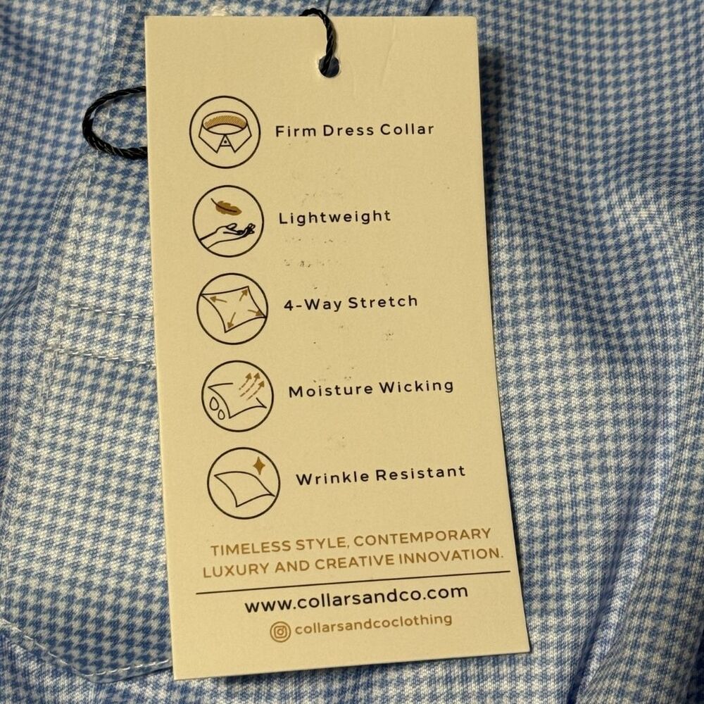 COLLARS & CO Polo Shirt Large Blue Houndstooth Performance Stretch NWT - Picture 8 of 11